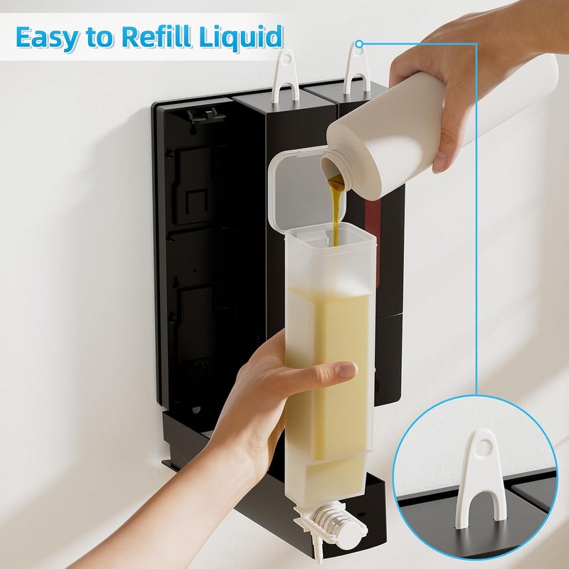 VITVITI Shampoo and Conditioner Dispenser for Shower, Refillable Shower Soap Dispensers 3 Chamber Wall Mounted, 10.2 OZ No Drill Plastic Shower/Body Wash Bottles for Bathroom (Black) - Image 2